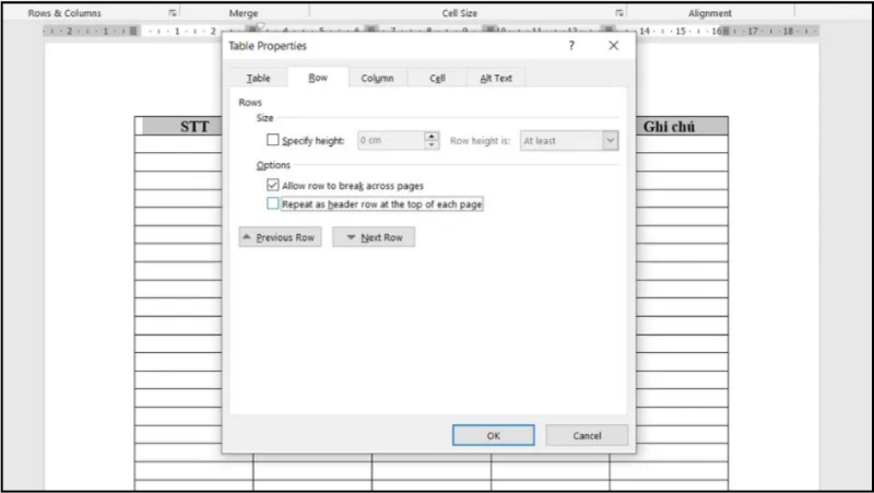 Bỏ tick chọn lặp lại tiêu đề bảng trong hộp thoại Table Properties