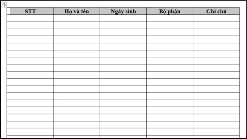 Bảng dữ liệu Word có hàng tiêu đề nằm ở dòng đầu tiên