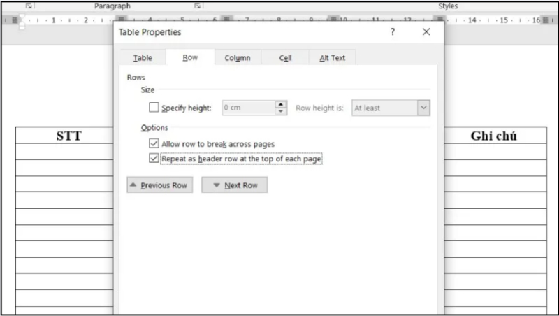 Hộp thoại Table Properties với tùy chọn Repeat as header row