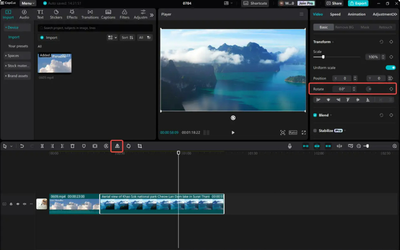 Xoay video trong giao diện chỉnh sửa CapCut trên máy tính