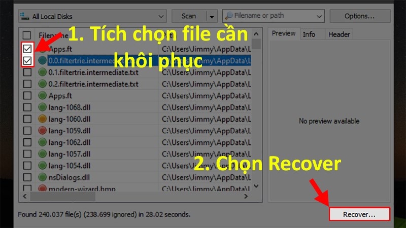 Tích chọn file cần khôi phục và nhấn Recover trong Recuva
