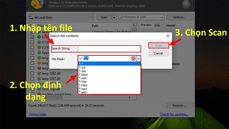 Nhập tên file và định dạng trước khi quét dữ liệu trong Recuva