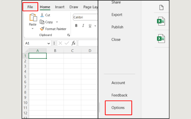 Mở File và chọn Options