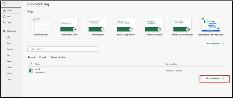 Giao diện mở file Excel chọn mục More Workbooks