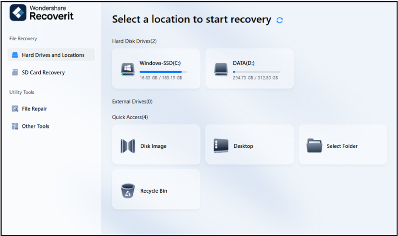 Chọn ổ đĩa để bắt đầu khôi phục dữ liệu bằng Wondershare Recoverit