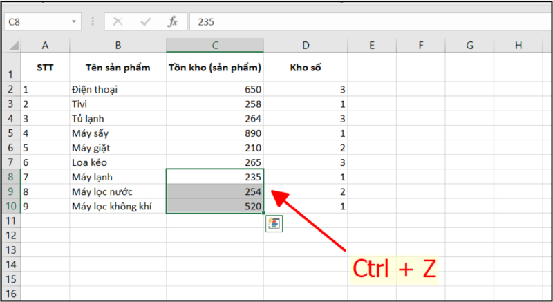 Hoàn tác xóa dữ liệu bằng Ctrl Z trong Excel