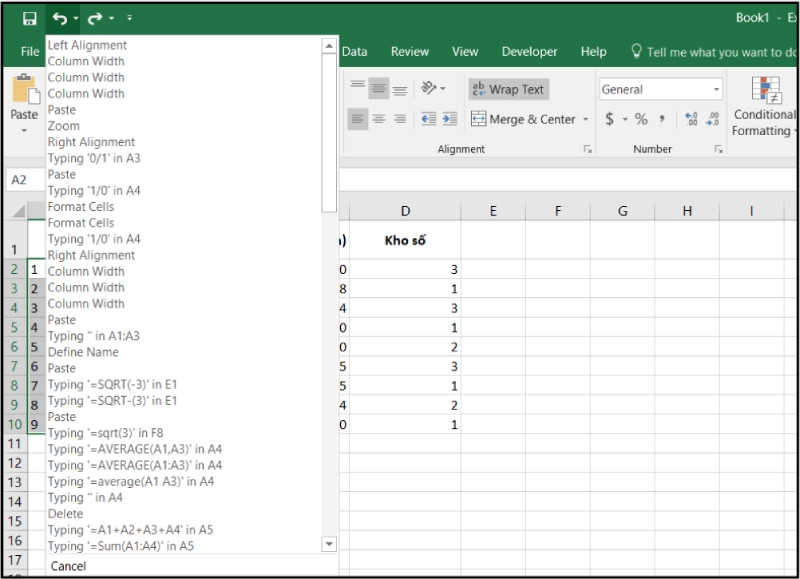 Lịch sử thao tác để khôi phục bước trước đó trong Excel