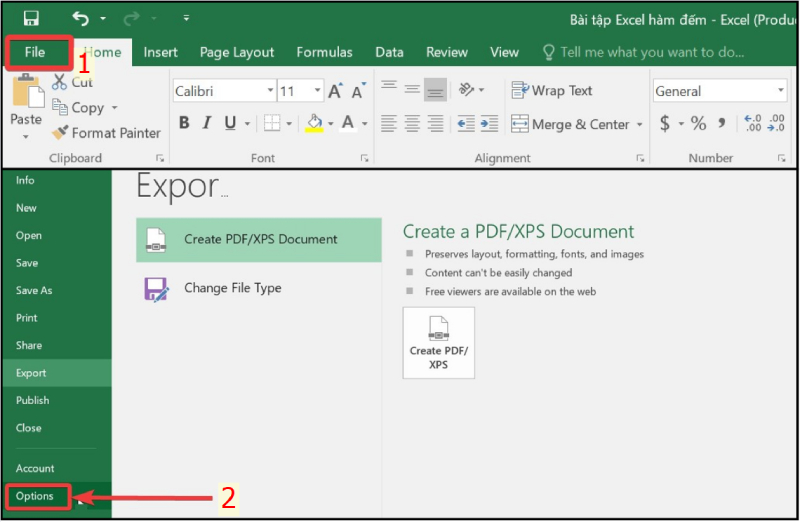 Mở File Options trong Excel