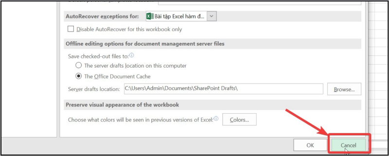 Hủy thao tác khi xem cài đặt AutoRecover