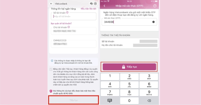 Xác thực thông tin tài khoản và hoàn tất liên kết ngân hàng trong ứng dụng MoMo