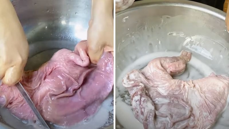Làm sạch bao tử heo với muối và chanh trong thau.