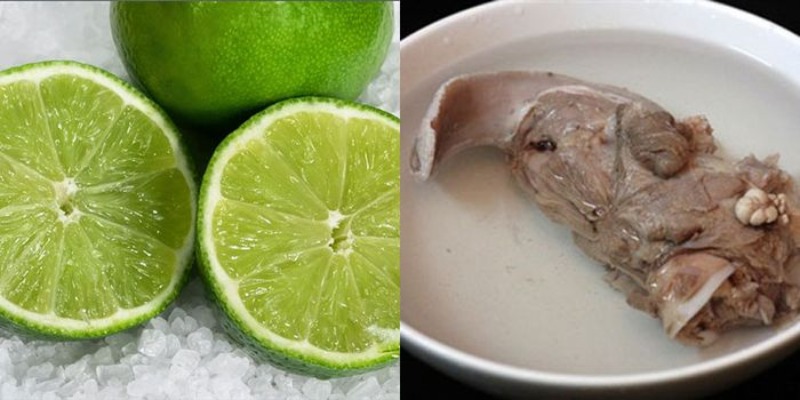 Chanh và muối được dùng để làm sạch và khử mùi lưỡi heo sau khi luộc.