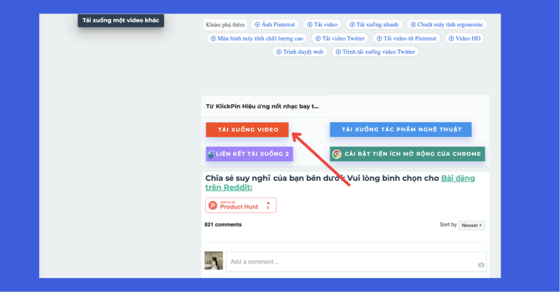 Nút tải xuống video trên trang KlickPin