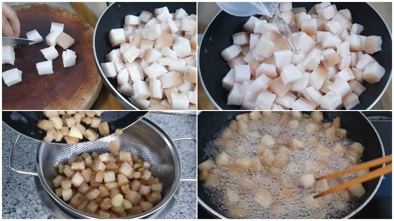 Mỡ heo được thái hạt lựu, đun chảy ra tóp mỡ vàng giòn