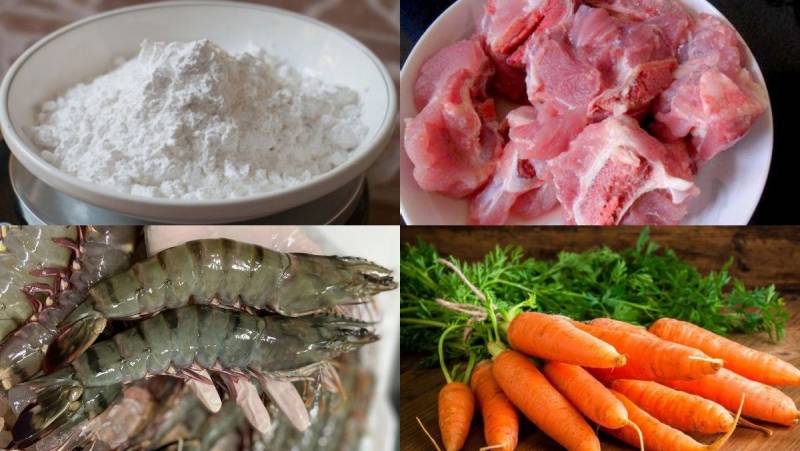  Nguyên liệu chính gồm bột năng, xương heo, tôm sú và cà rốt tươi ngon