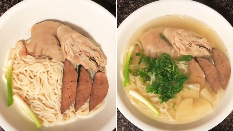 Tô bánh canh đuôi heo ăn kèm rau