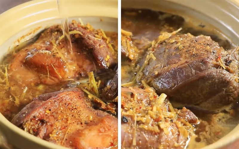Tiến hành công đoạn kho bắp bò mật mía