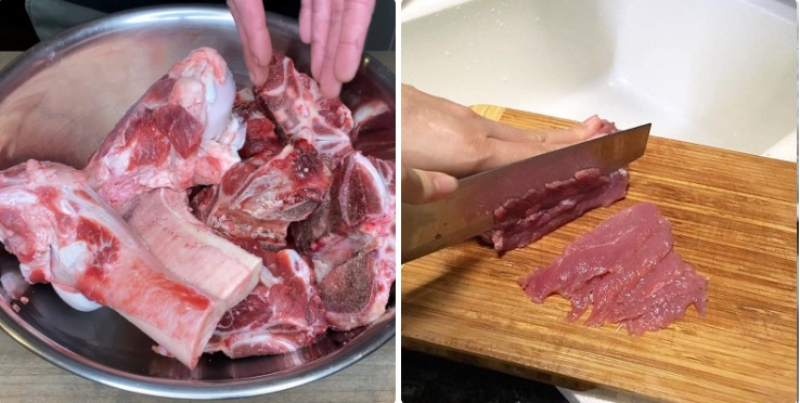 Làm sạch xương heo và thái mỏng thịt bò