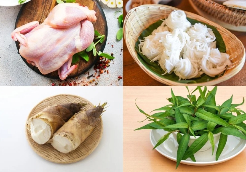 Nguyên liệu làm món bún gà nấm măng