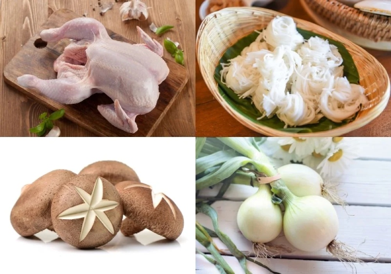 Các nguyên liệu làm món bún gà nấm