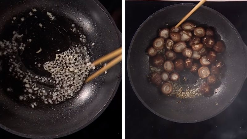 Nấm được xào trên chảo dầu
