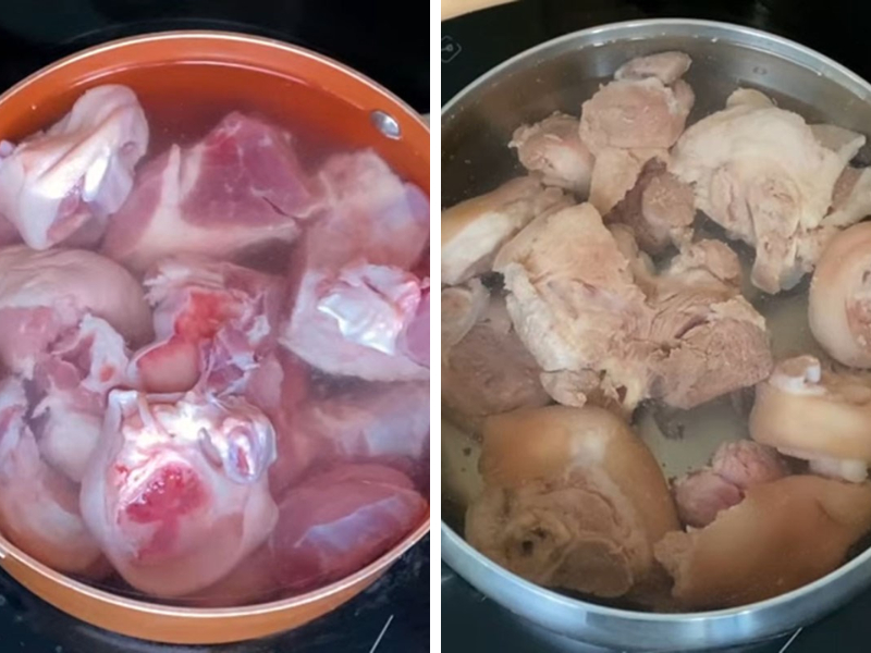 Trụng sơ chân giò heo qua nước sôi