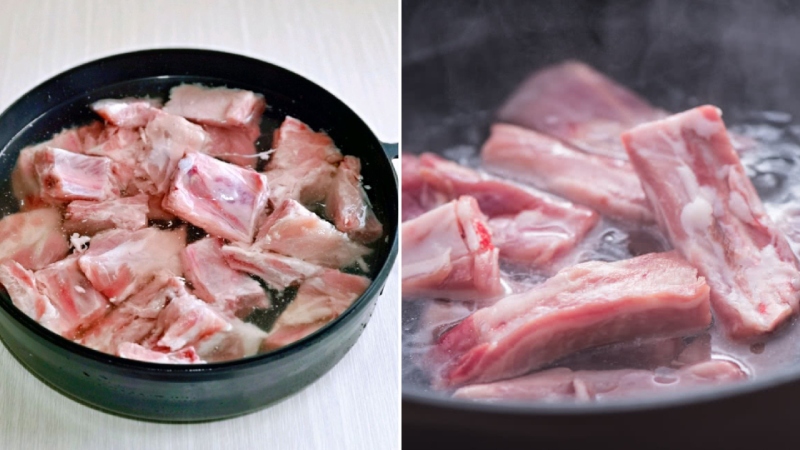 Sườn được trụng nước sôi