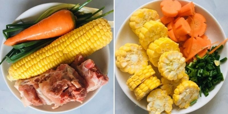 Nguyên liệu chuẩn bị gồm bắp, cà rốt, giò heo và hành lá