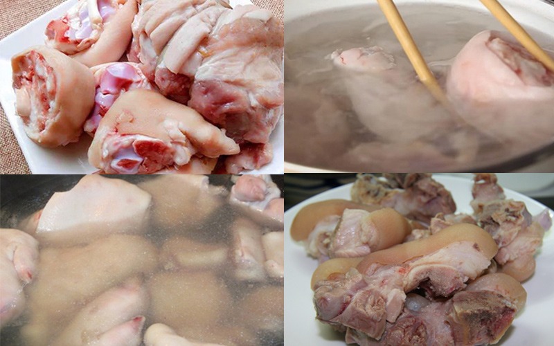 Các bước sơ chế giò heo: rửa, luộc sơ và để ráo.