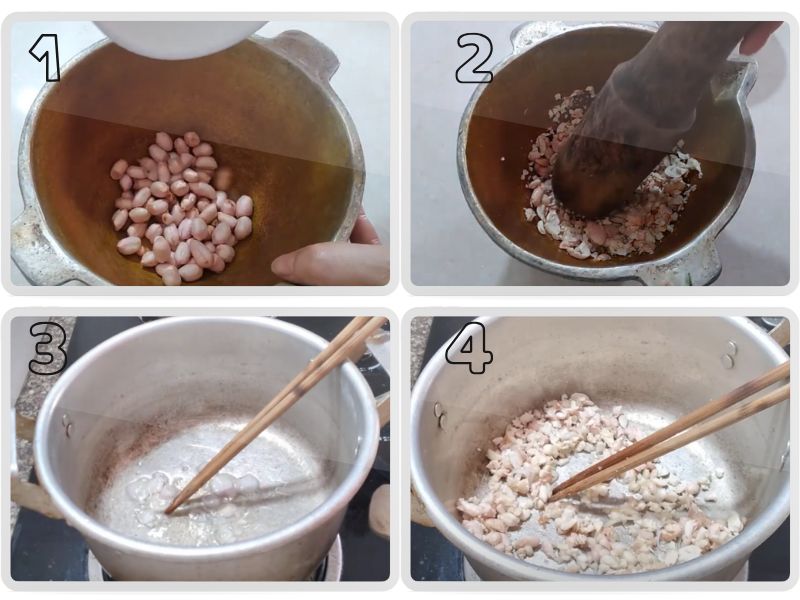 Đặt đậu phộng trong cối và giã nhuyễn.