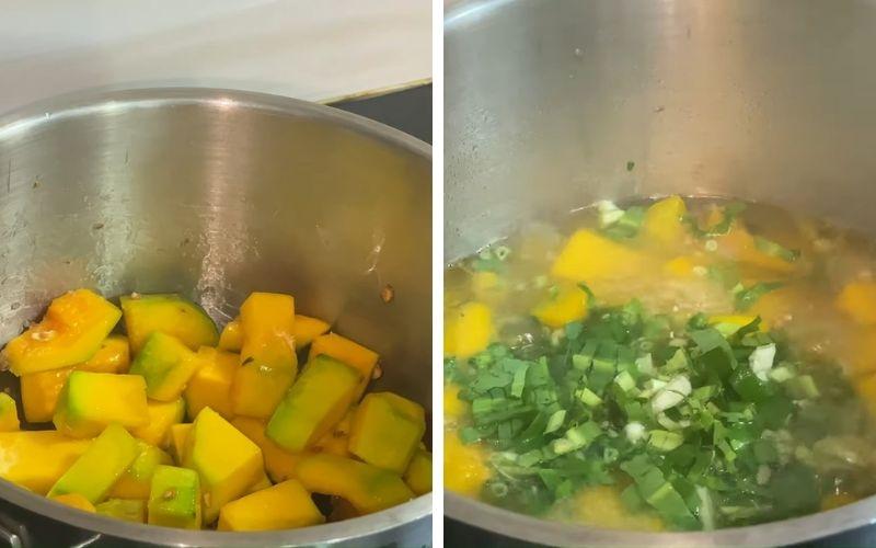 Công đoạn xào sơ bí đỏ và nấu canh