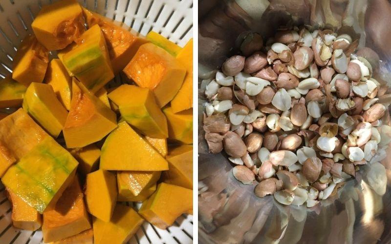 Gọt vỏ bí đỏ, bỏ phần ruột bên trong, đậu phộng giã nát