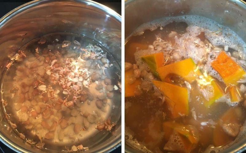 Tiến hành công đoạn nấu canh bí đỏ đậu phộng chay