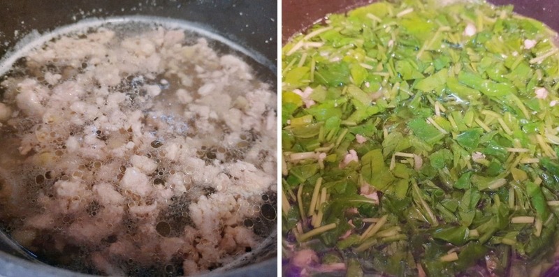 Tiến hành nấu canh cải bó xôi thịt gà