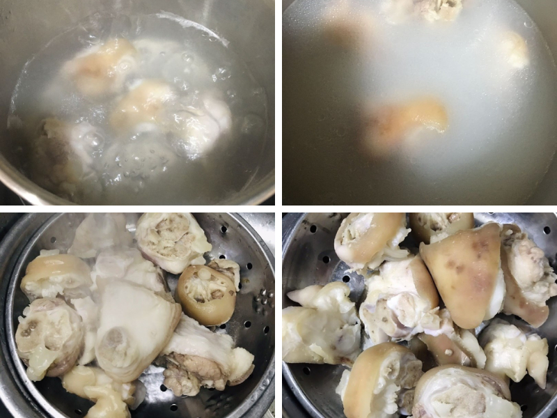 Chần giò heo với nước sôi