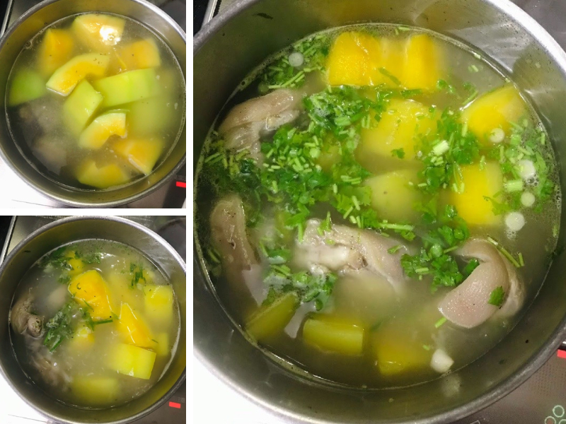 Cho đu đủ vào nồi giò heo hầm nấu canh
