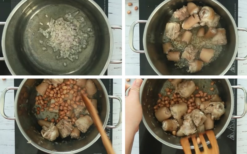 Các bước xào hành tím, cho đuôi heo và đậu phộng vào nồi