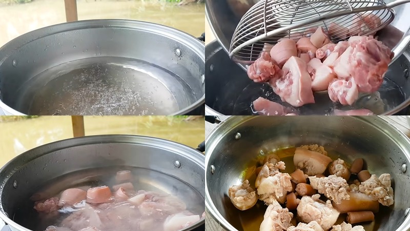 Các bước sơ chế và luộc đuôi heo trước khi hầm.