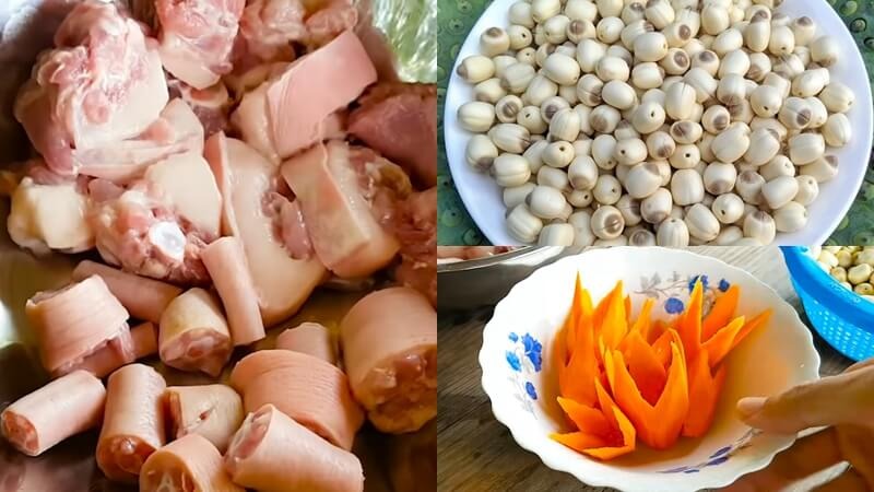 Nguyên liệu gồm đuôi heo, hạt sen, cà rốt đã sơ chế sẵn