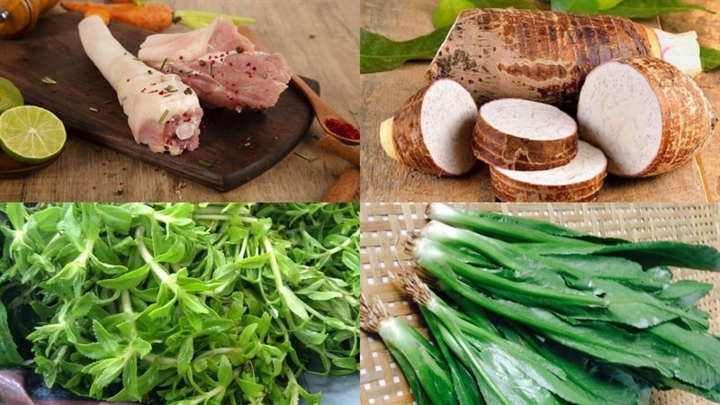Các nguyên liệu chính: đuôi heo, khoai môn, rau ngổ, và rau mùi tàu.