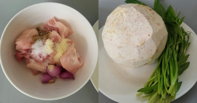 Ướp đuôi heo và chuẩn bị khoai môn, rau ngổ và các gia vị cơ bản.