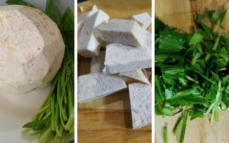 Khoai môn gọt vỏ, cắt miếng và rau mùi tàu đã được rửa sạch