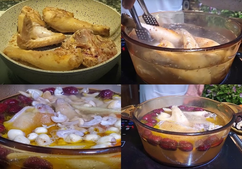 Các công đoạn nấu canh gà hầm ngũ quả