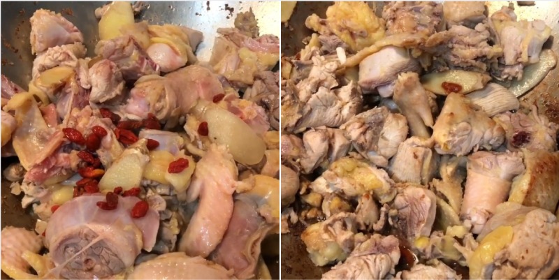 Tiến hành công đoạn xào gà với nguyên liệu