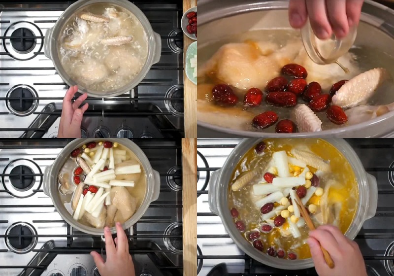 Tiến hành nấu canh gà kiểu Trung Quốc
