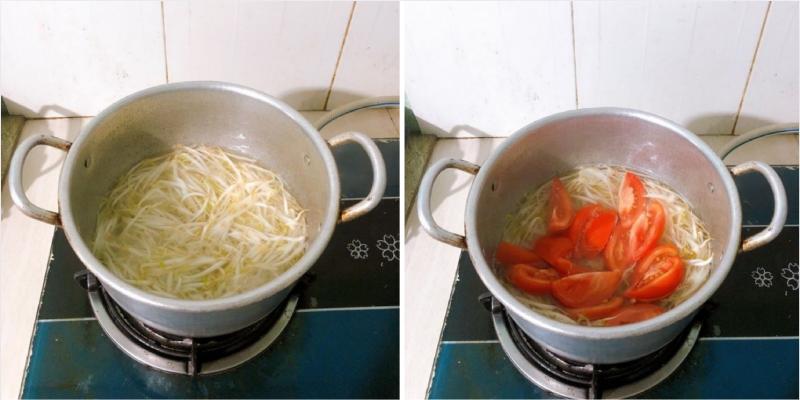 Đun sôi nồi nước ròi lần lượt cho cà chua và giá đỗ vào