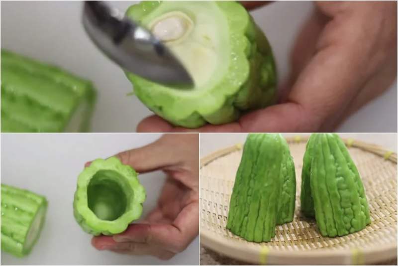 Dùng muỗng khoét bỏ phần ruột khổ qua