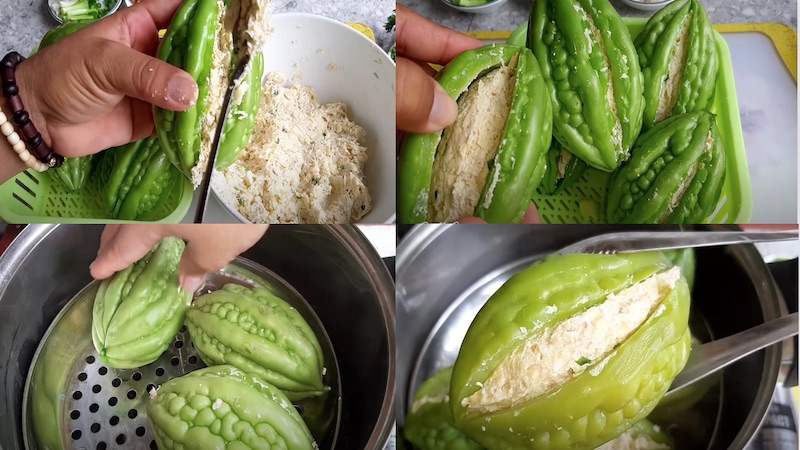 Nhồi phần nhân vừa trộn vào giữa trái khổ qua