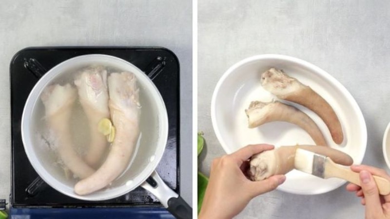 Sơ chế đuôi heo bằng cách luộc sơ