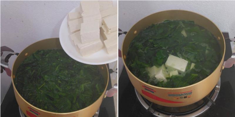 Công đoạn nấu canh mồng tơi đậu hũ chay